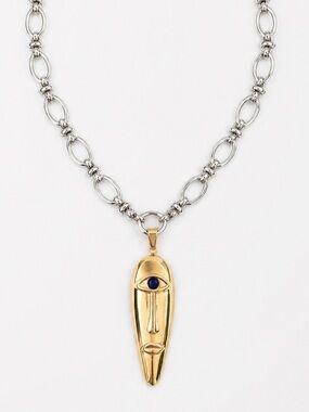 Abstract Face Pendant Necklace with Silver Chain - Women Jewelry